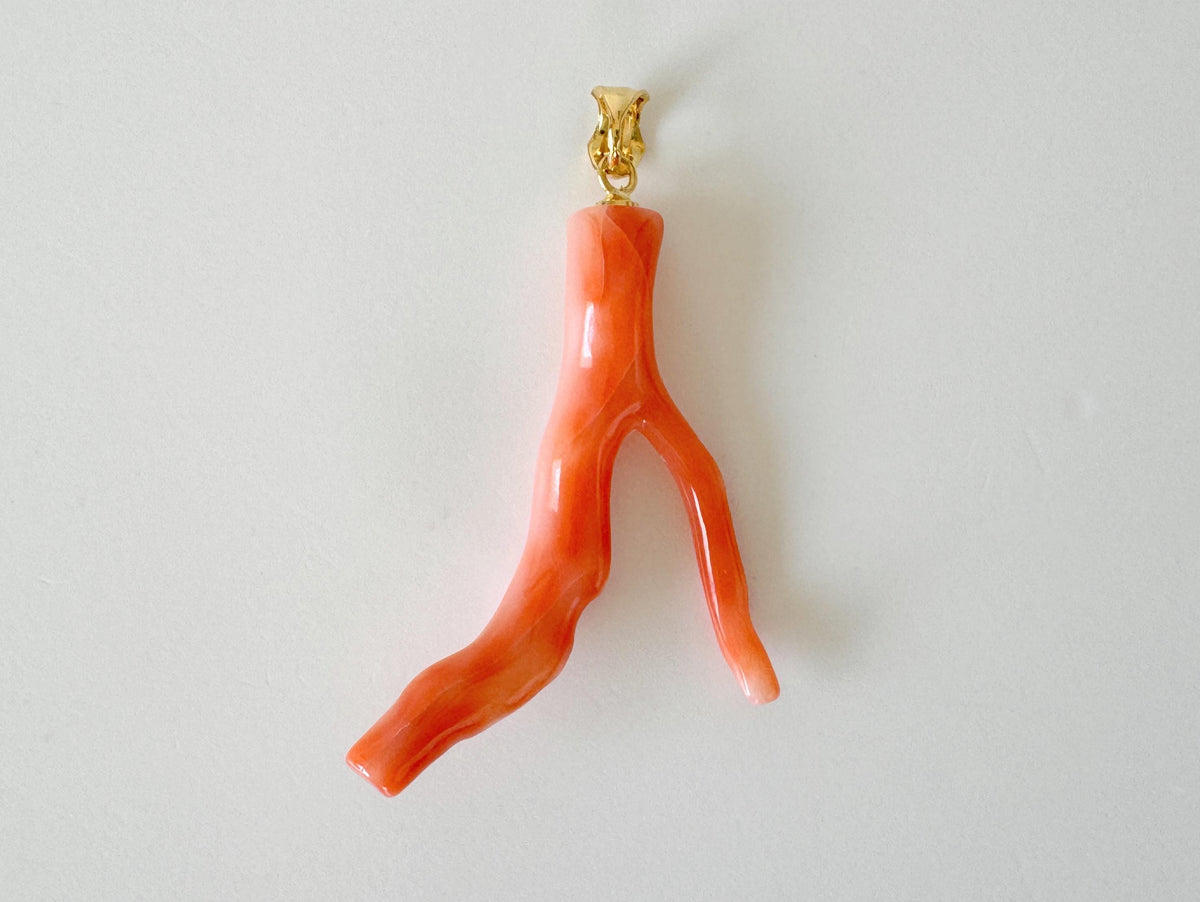 Coral Branch Pendant: Natural Pink Orange Deep Sea Coral, Gold-Plated Silver Bail | 40mm, Unique Jewelry