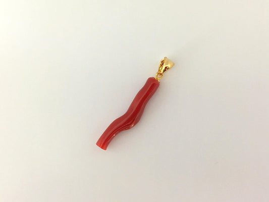 Natural  Red (Aka) Coral Branch Pendant, Oxblood, Natural Color Japanese Coral, Length 27mm, Silver bail (gold plated)