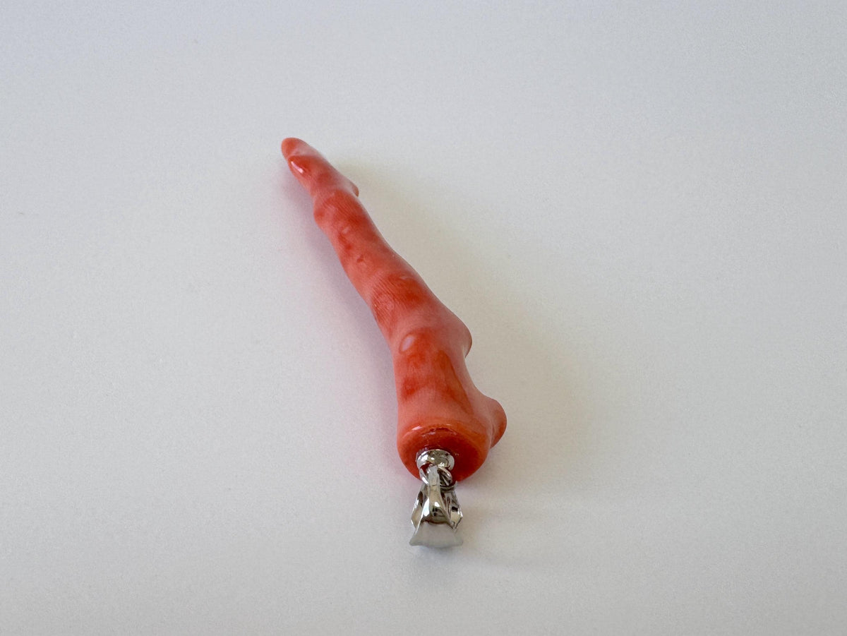 Momo Coral Branch Pendant: Natural Vermilion Orange Coral Jewelry (55mm Length, Rhodium-Plated Silver Bail, Japanese Coral)
