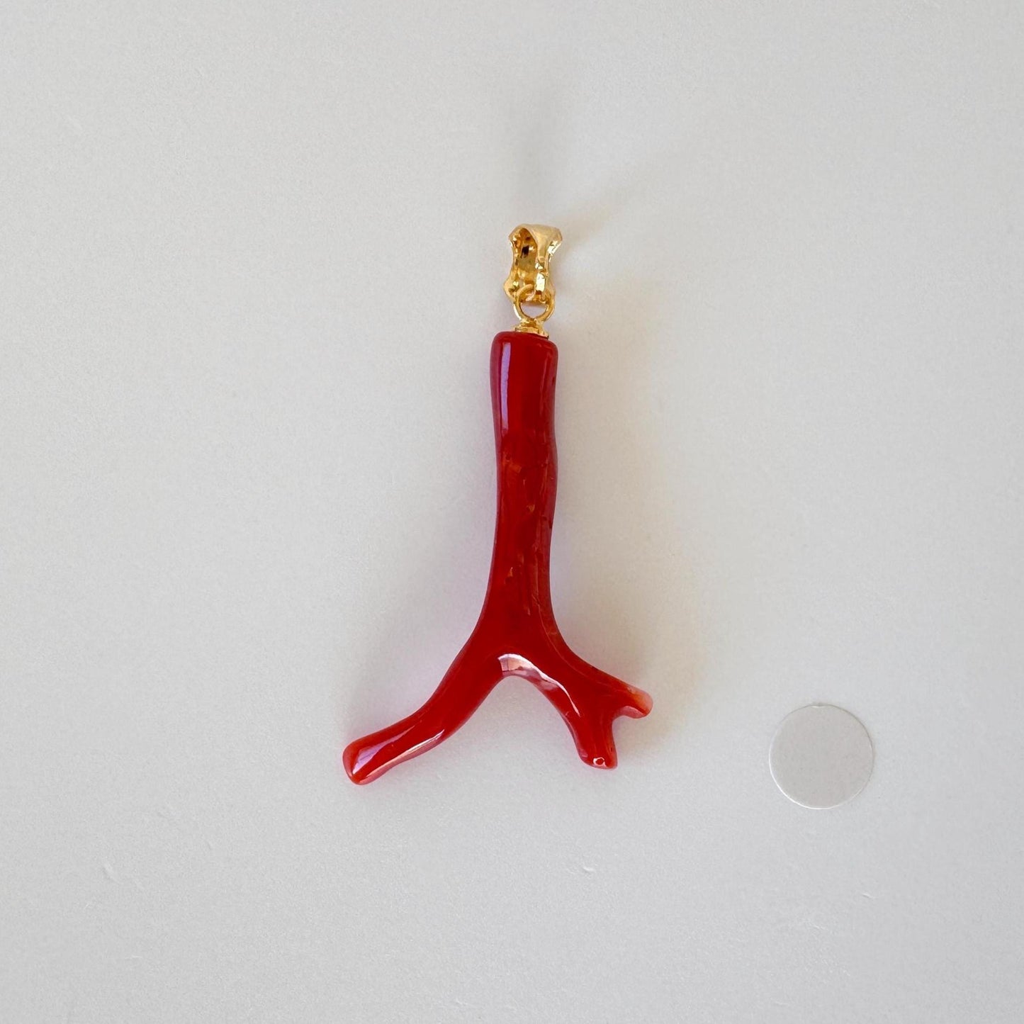 Natural Red Coral Branch Pendant: Oxblood Japanese Aka Coral, Gold Plated Silver Bail, 37mm