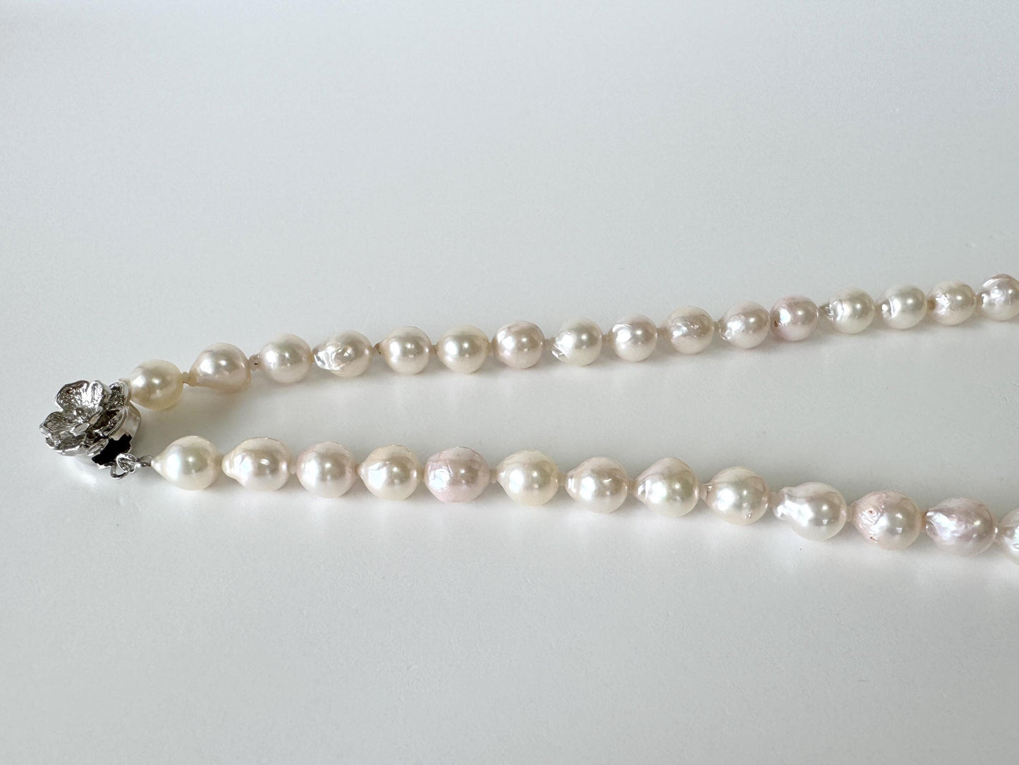 Japanese Akoya Pearl - Baroque Necklace - White Pink Overtone, 7-7.5mm Cultured Pearls, Silver Clasp, 45cm