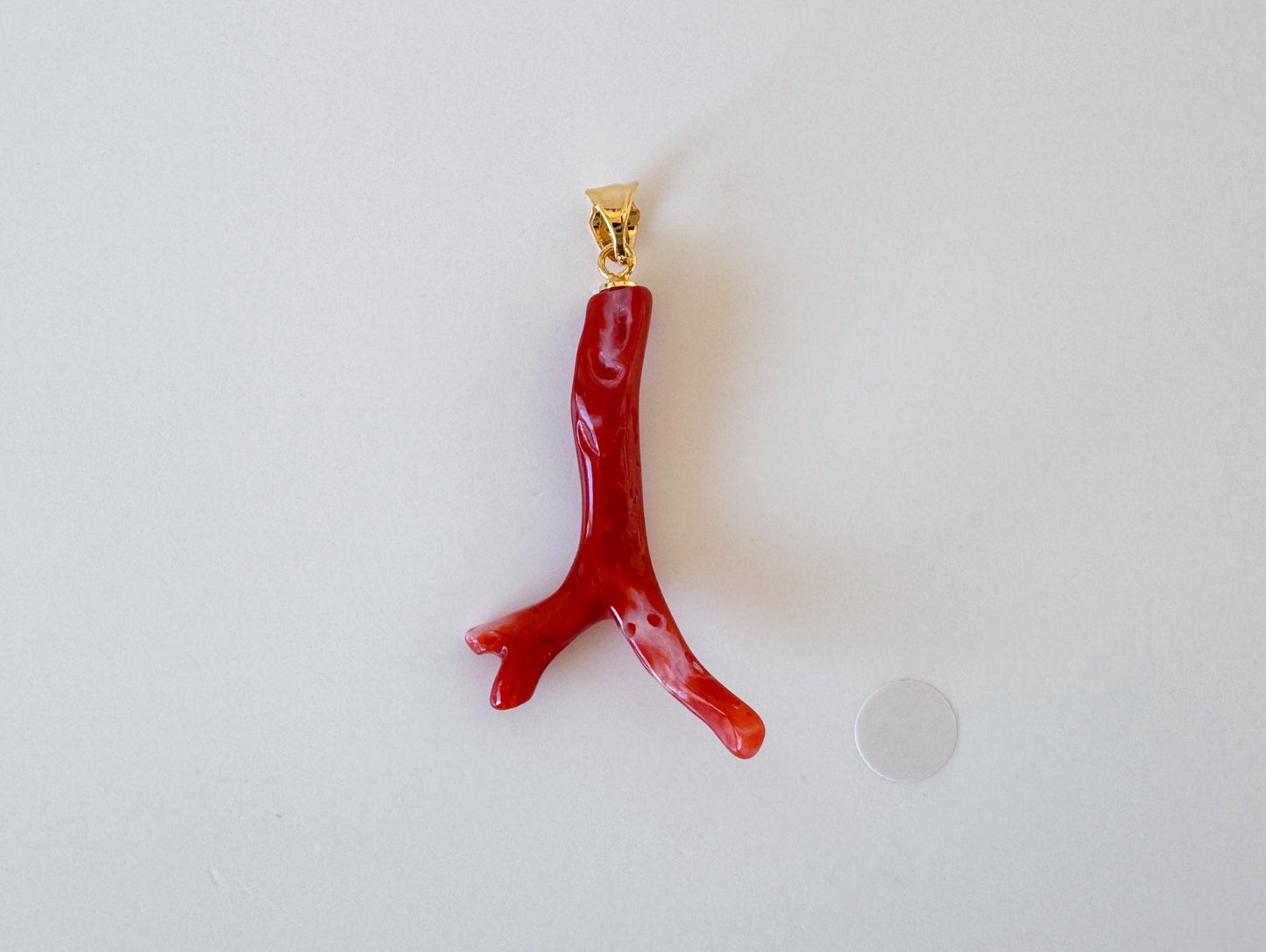 Natural Red Coral Branch Pendant: Oxblood Japanese Aka Coral, Gold Plated Silver Bail, 37mm