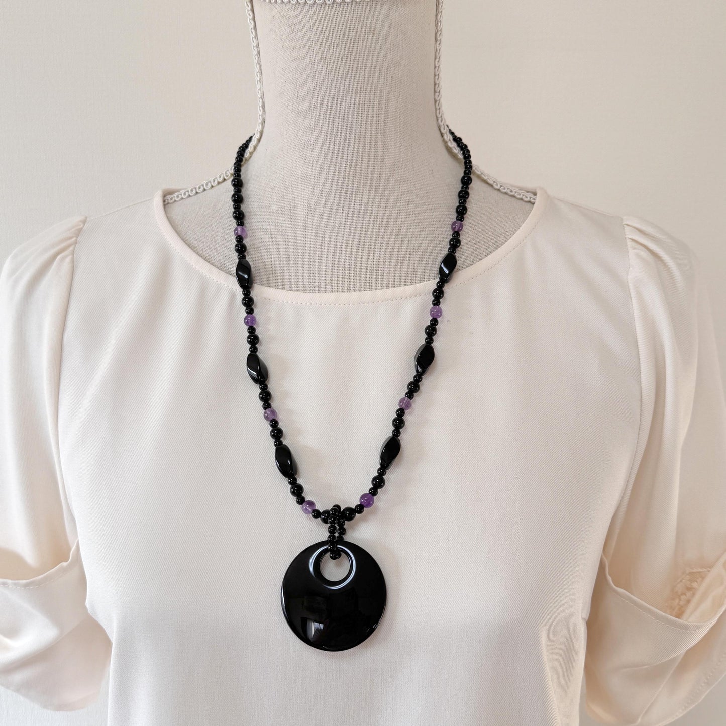 Onyx, Amethyst Necklace with Pendant, Brass Hook & Adjuster