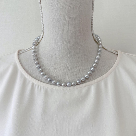 Japanese Akoya Pearl : Natural Blue Silver Color - Cultured Saltwater Pearls, 7.5-8mm Beads, Silver Clasp Necklace