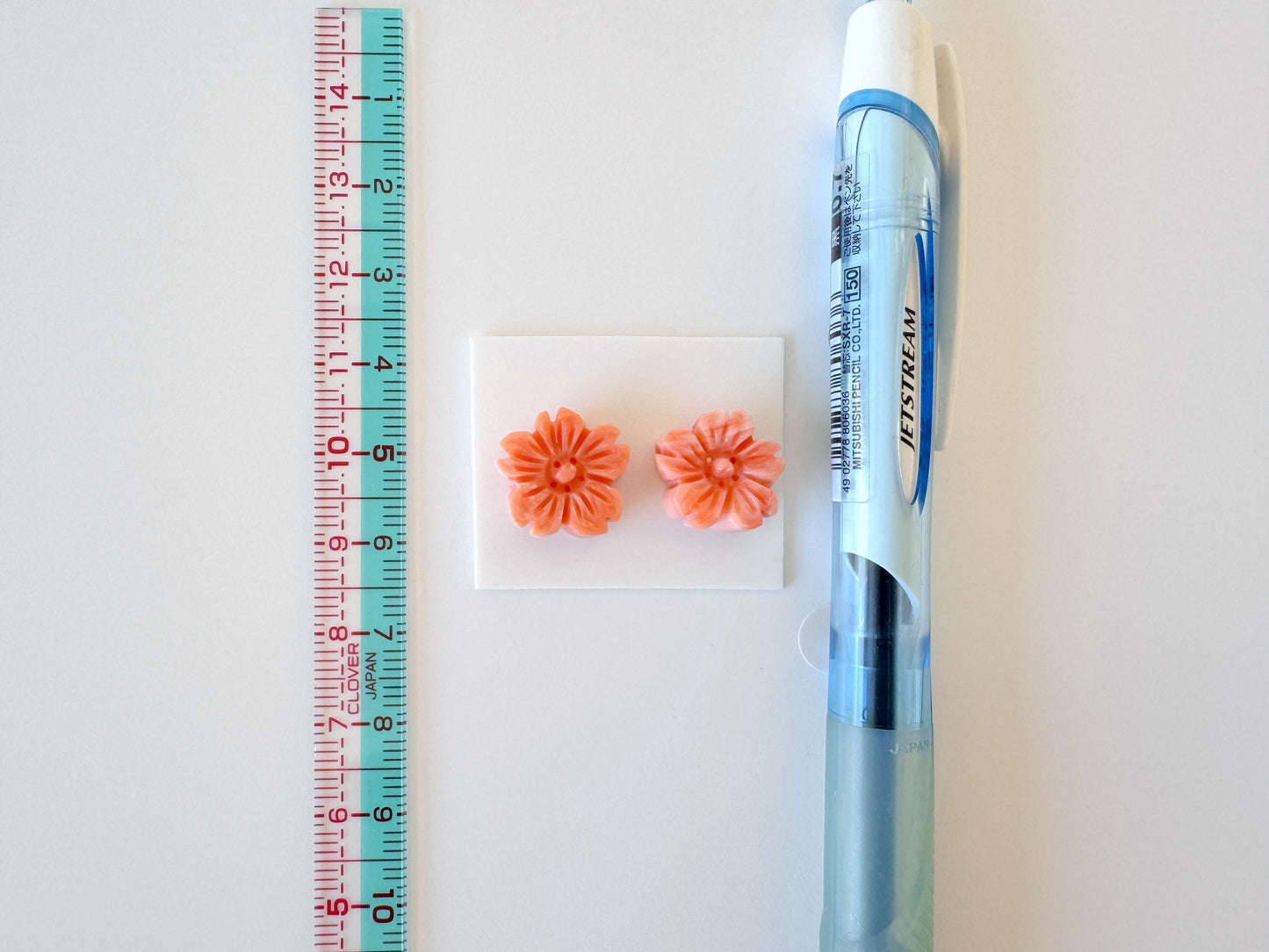 Natural Deep Sea Coral Cherry Blossom Carvings, Pink Orange Sakura Pair 14-15mm