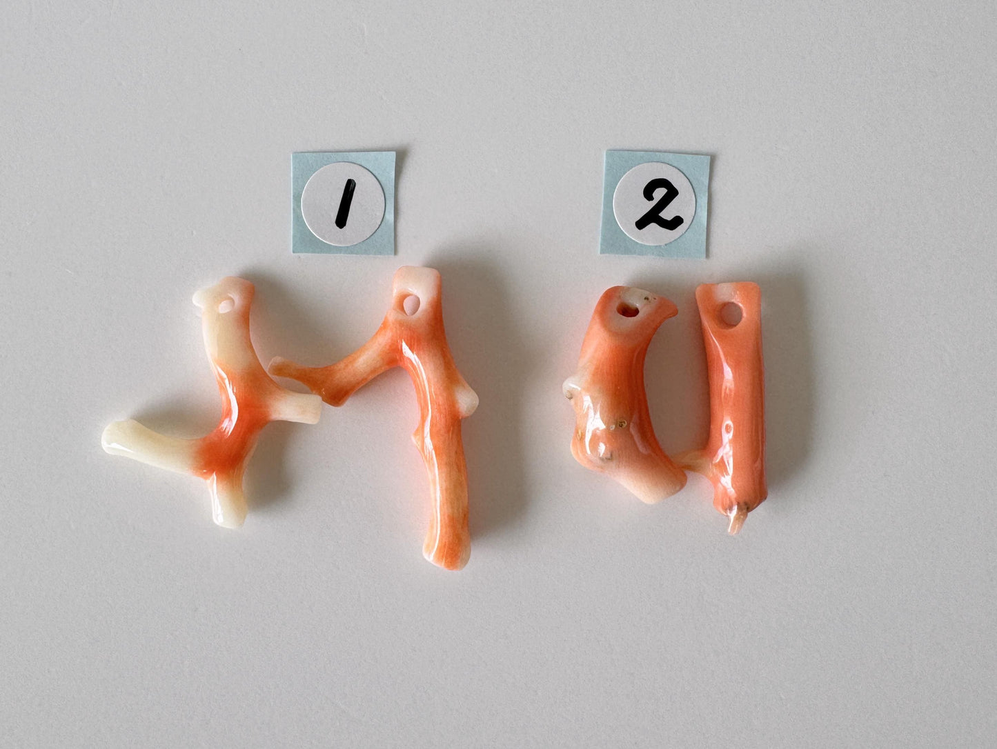 Momo Coral Branch Natural Orange, Loose Set of 2 Pieces (20-28mm Length, Genuine Coral, Drilled Holes, Jewelry Supplies)