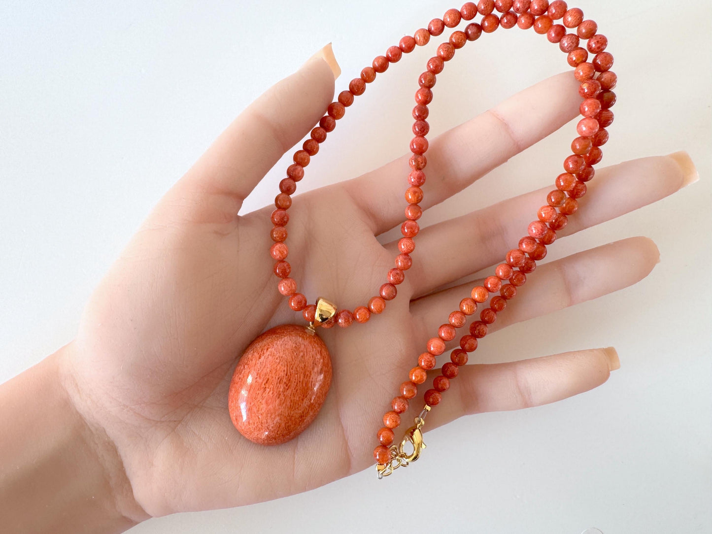 Sponge Coral Necklace with Oval Pendant, Bright Red, Brass Hook & Adjuster, Bail