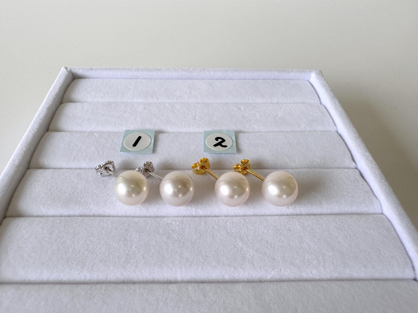 Japanese White Akoya Pearl Stud Earrings, 8.5mm, Silver 925 Post/Ear Nuts, Genuine Akoya Pearl, Salt water cultured pearl