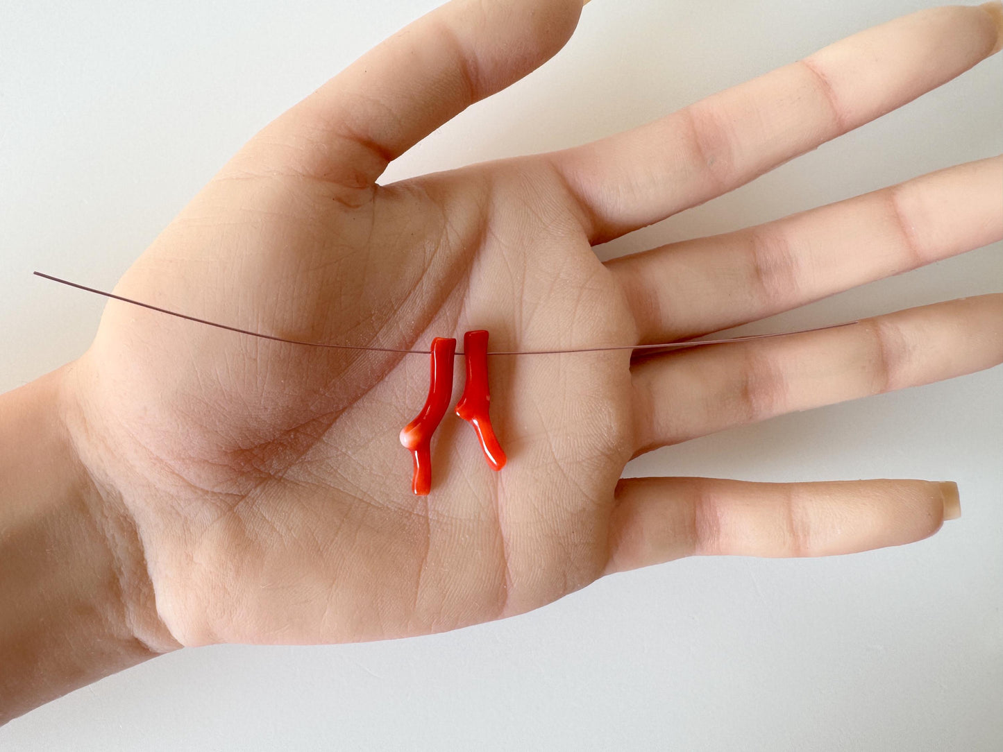Japanese red(Aka) coral branch set for 2pcs, 22-25mm, side full hole, natural red color coral for jewelry making