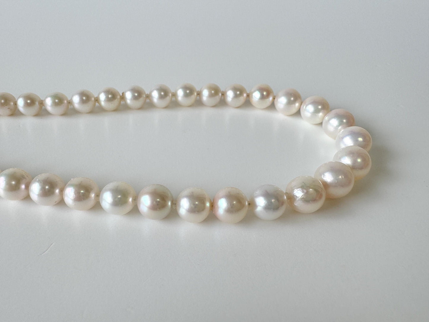 Japanese Akoya Pearl Necklace: White/Slightly Pink 6.9-9.3mm Cultured Strand, Silver Clasp | Saltwater Gems, 47cm Length