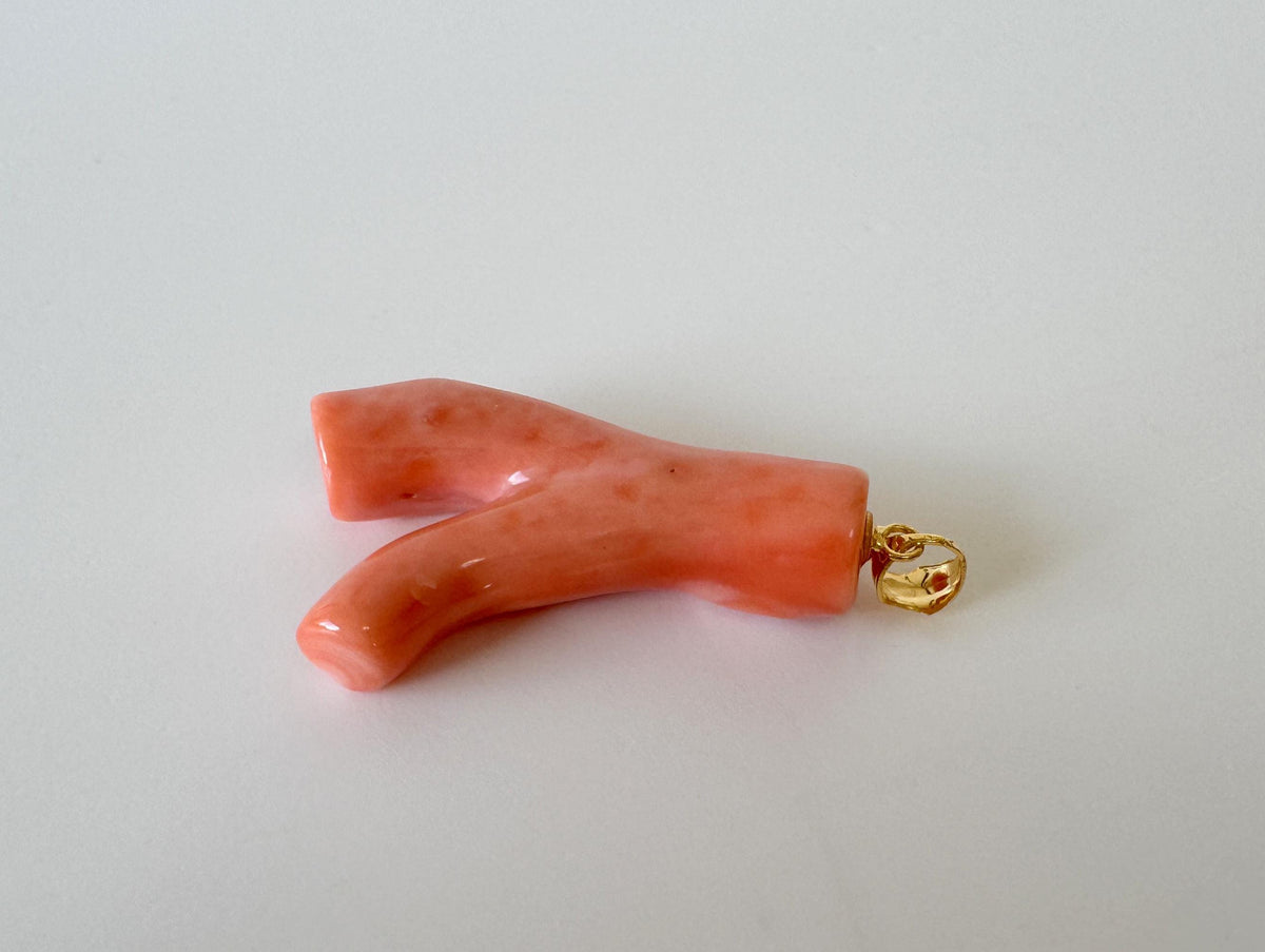Coral Branch Pendant Jewelry: Deep Sea Pink-Orange Natural Coral, Gold-Plated Silver Bail (38mm)