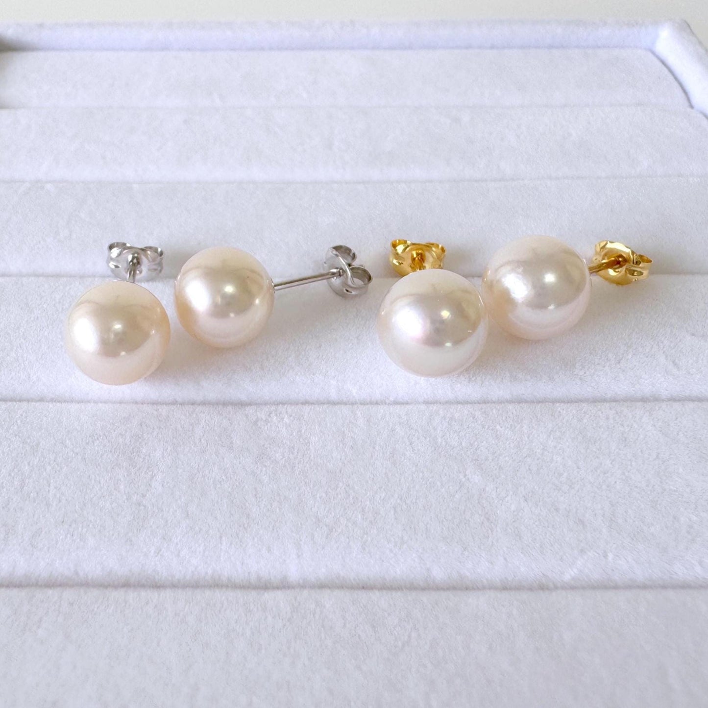 Japanese White Akoya Pearl Stud Earrings, 8.5mm, Silver 925 Post/Ear Nuts, Genuine Akoya Pearl, Salt water cultured pearl