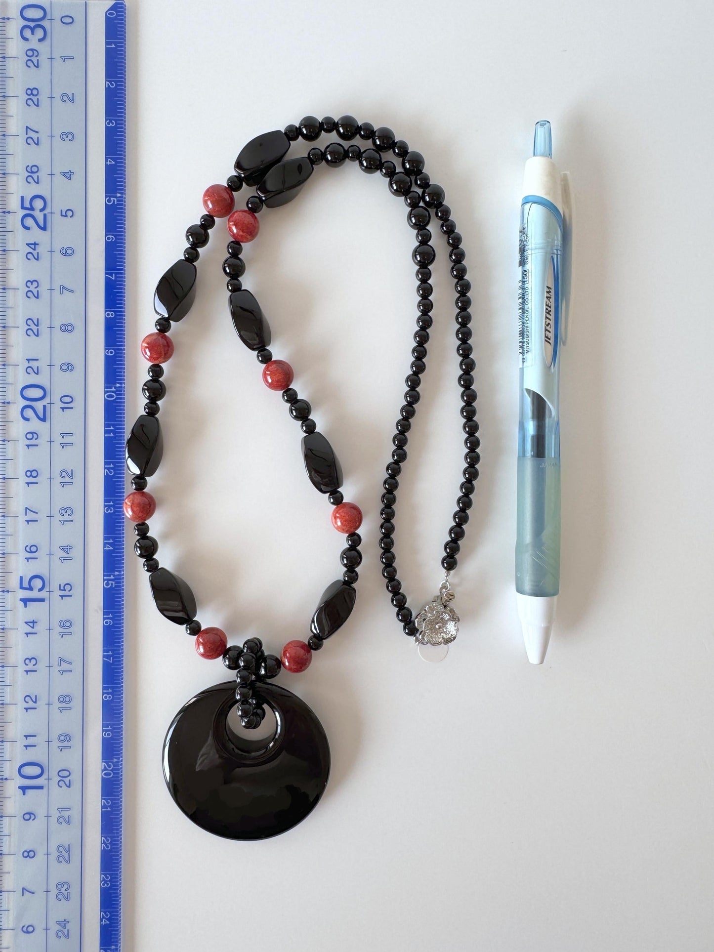 Onyx, Sponge Coral Necklace with Pendant, Silver Clasp