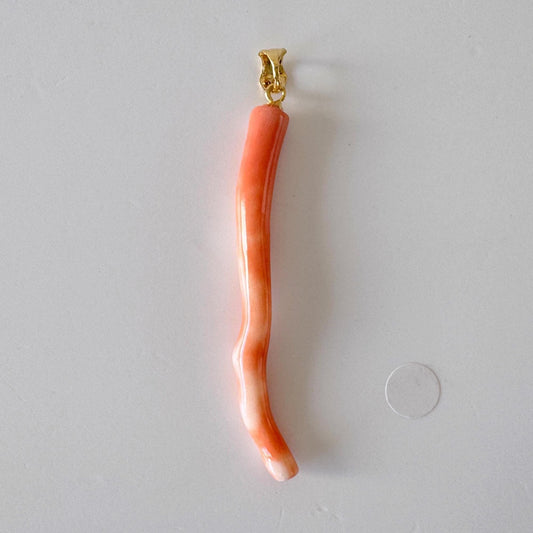 Coral Branch Pendant Natural Deep Sea Coral, Orange-White Color (42mm Length, Gold-Plated Silver Bail, Lightweight Jewelry)