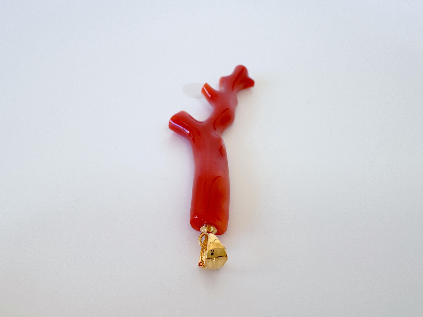 Natural Red Coral Branch Pendant: Japanese Aka Coral, Gold Plated Silver Bail, 55mm