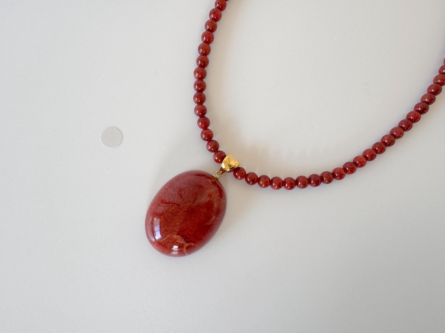 Sponge Coral Necklace with Oval Pendant, Dark Red, Brass Hook & Adjuster, Bail