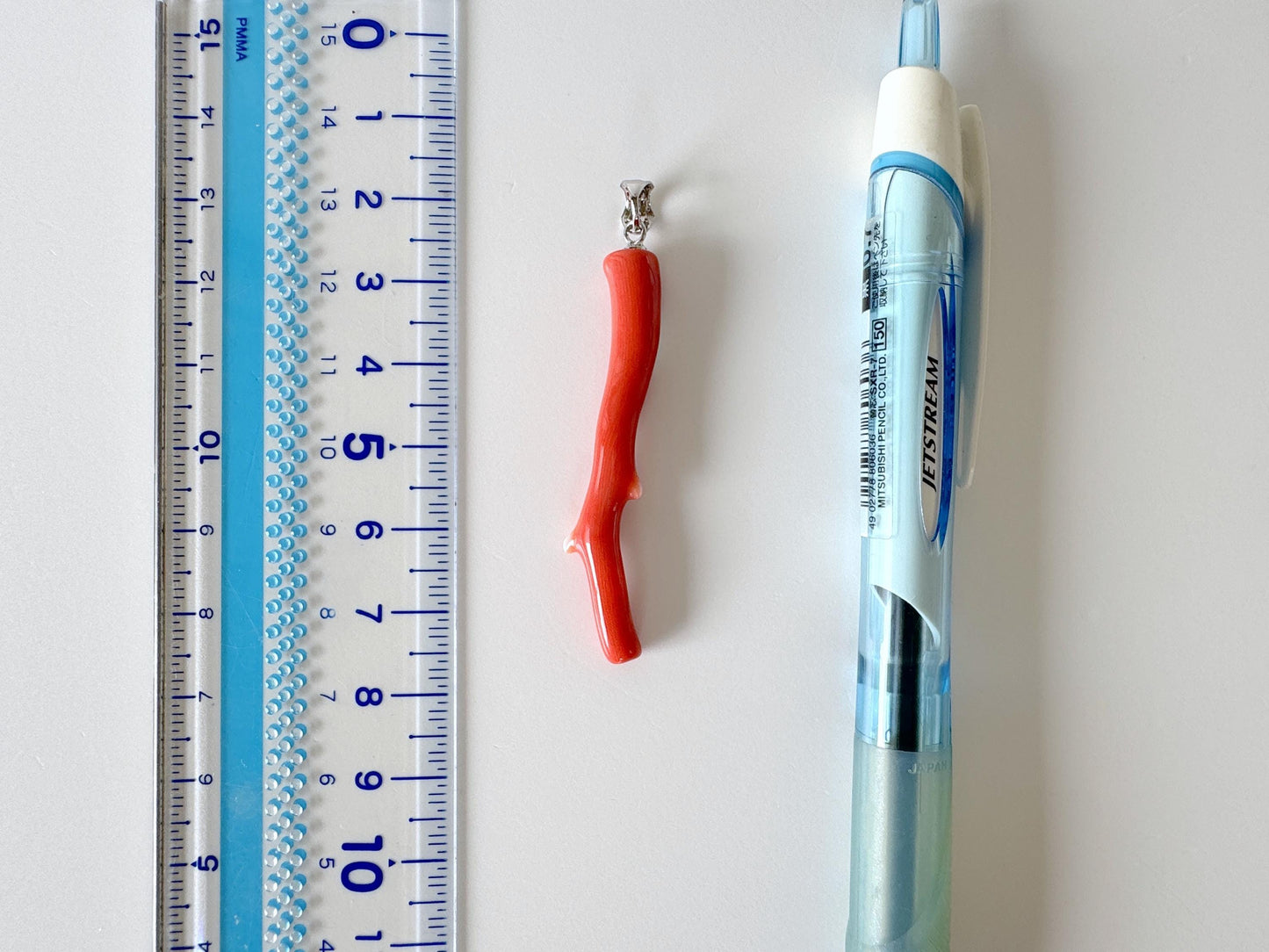 Natural  Momo coral branch pendant, 49mm, Natural Japanese Orange color coral branch pendant, Silver (Rhodium-Plated) bail
