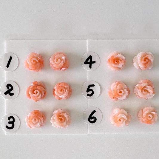 Natural Deep Sea Coral Rose Carvings 8-8.5mm, Pink/Orange Roses, Natural color, Price per Pair, For Studs and Earrings, For Jewelry Making