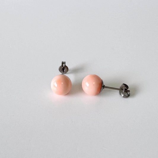 Deep Sea Coral Stud Earrings - Natural Pink Orange Round Shape - Titanium Post Backing, Genuine Coral, 7.5mm