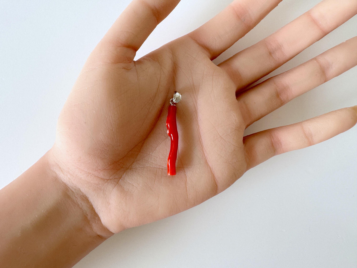 Natural Red (Aka) Coral Branch Pendant, Natural Color Japanese Coral, Length 31mm, Silver bail (rhodium plated)