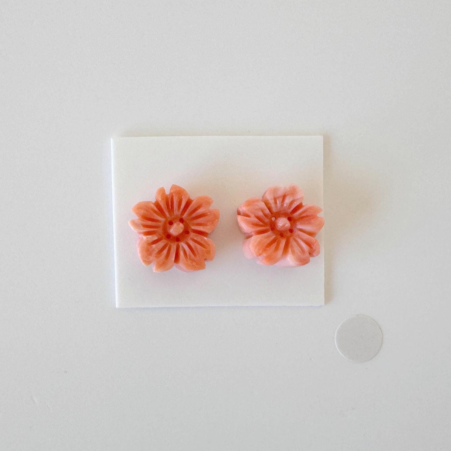 Natural Deep Sea Coral Cherry Blossom Carvings, Pink Orange Sakura Pair 14-15mm