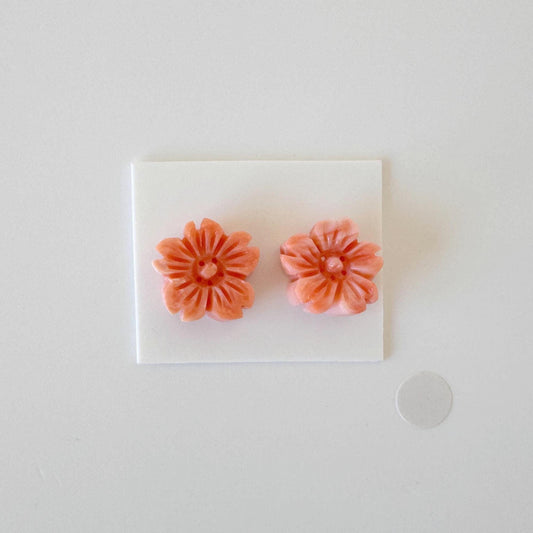 Natural Deep Sea Coral Cherry Blossom Carvings, Pink Orange Sakura Pair 14-15mm