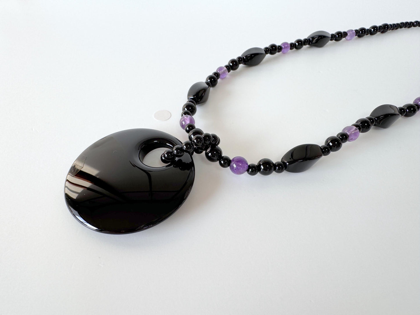 Onyx, Amethyst Necklace with Pendant, Brass Hook & Adjuster
