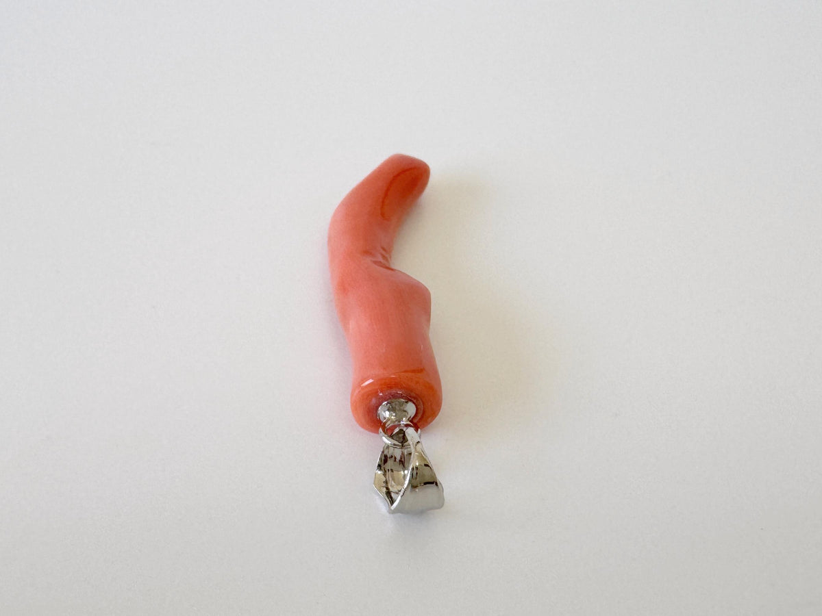 Momo Coral Branch Pendant Natural Jewelry, Japanese Orange Coral (35mm Length, Rhodium-Plated Silver Bail)