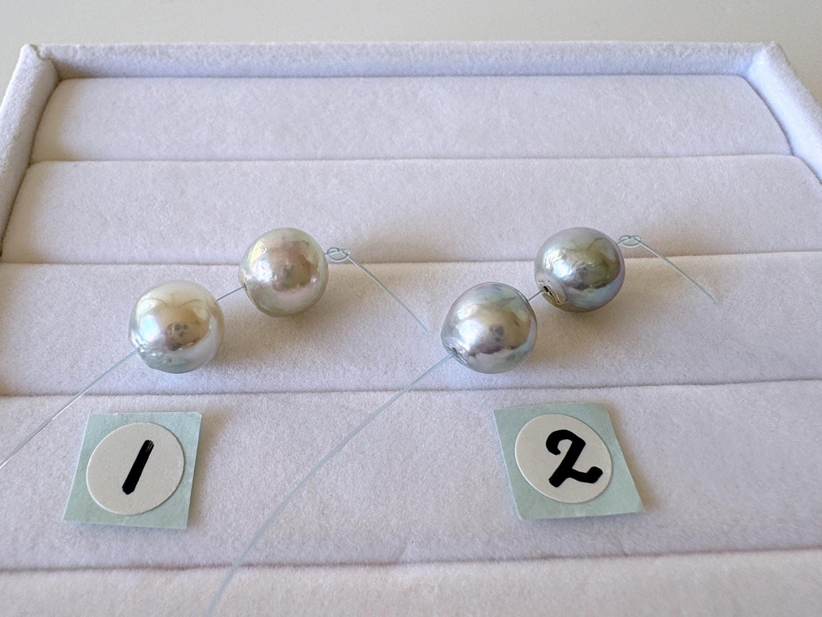 Japanese Akoya Pearl Beads Natural Blue Silver, Cultured Saltwater Pearls (8-8.5mm, Genuine, Mini Strand, 2 Pieces)