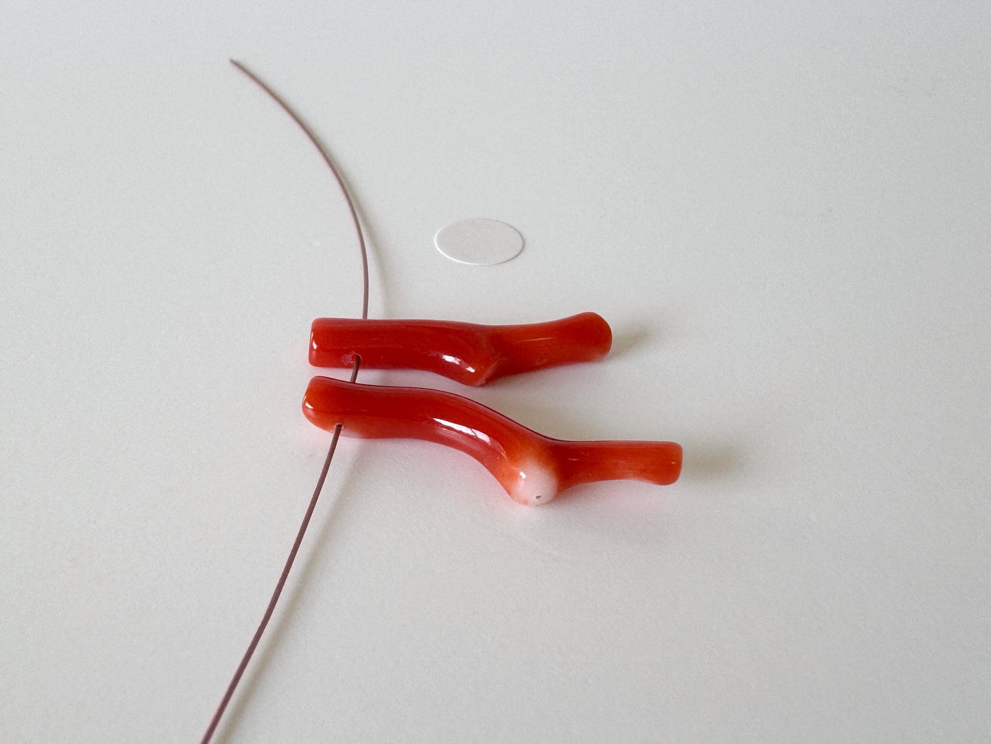 Japanese red(Aka) coral branch set for 2pcs, 22-25mm, side full hole, natural red color coral for jewelry making