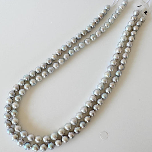 Japanese Akoya Pearl Strand - Natural Blue Silver Cultured Beads - Semi-Round Shape, 7-7.5mm Size, Saltwater Pearls, 40cm Length