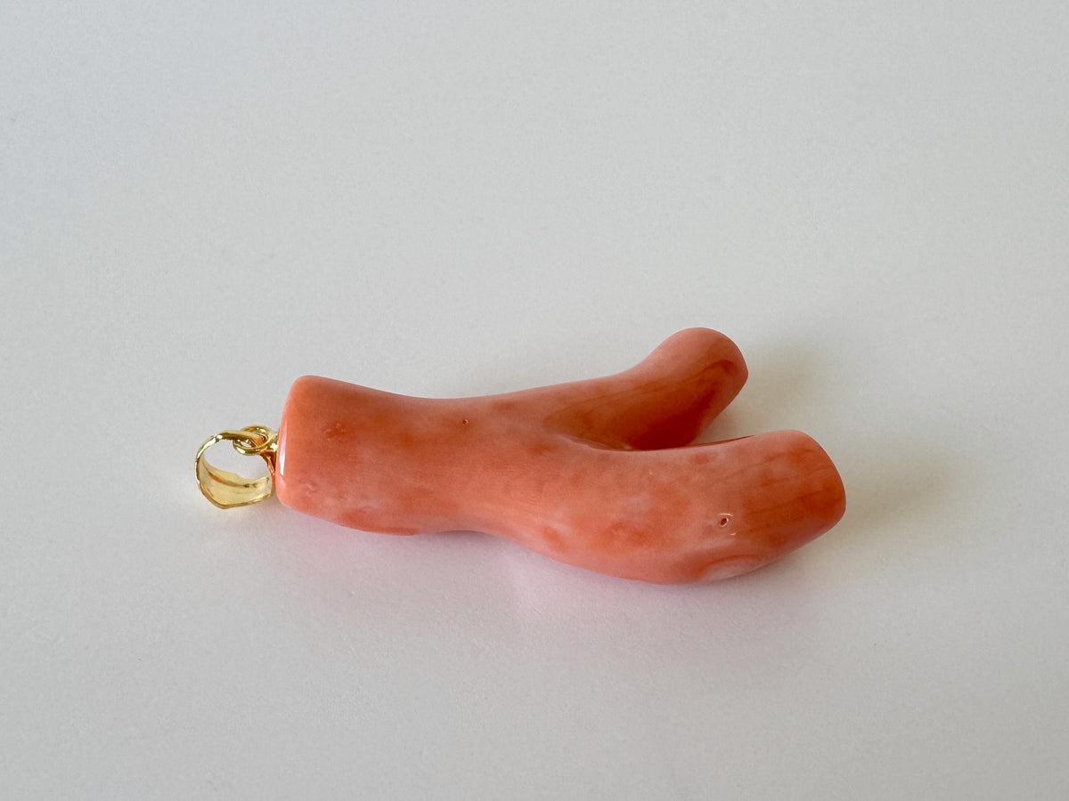 Coral Branch Pendant Jewelry: Deep Sea Pink-Orange Natural Coral, Gold-Plated Silver Bail (38mm)