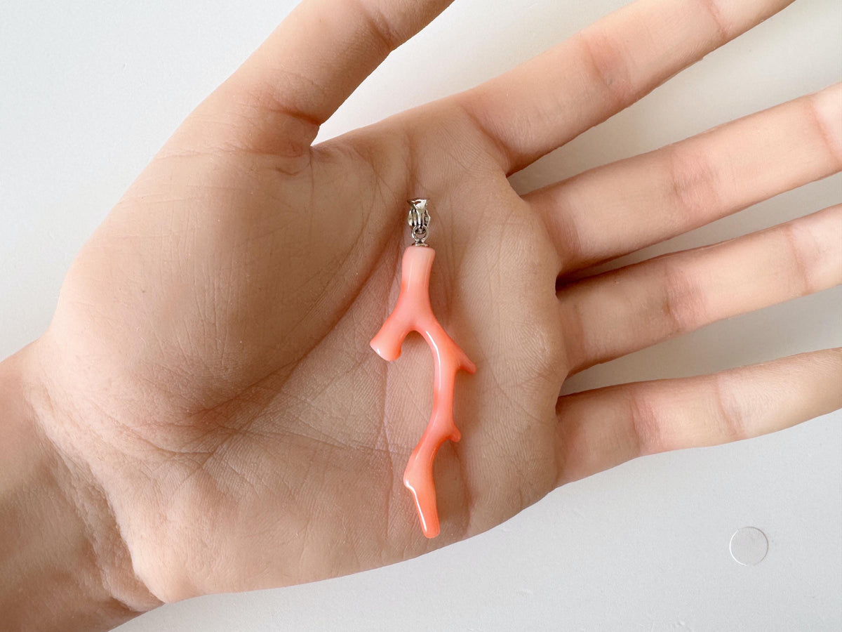 Coral Branch Pendant Natural Deep Sea Coral: Pink Orange Coral Jewelry Accent, Silver Bail (47mm Length, Lightweight Design)