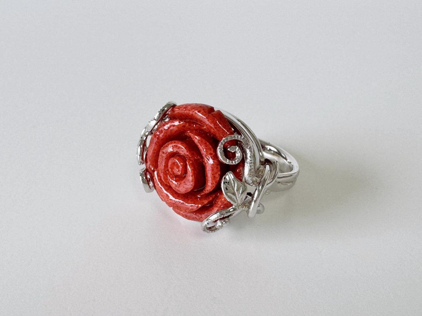 Sponge Coral Rose Ring: Natural Patterned Red Coral Flower Jewelry, Sterling Silver (Size Jp 13, US 6.5-7, UK M-N, IT 53)