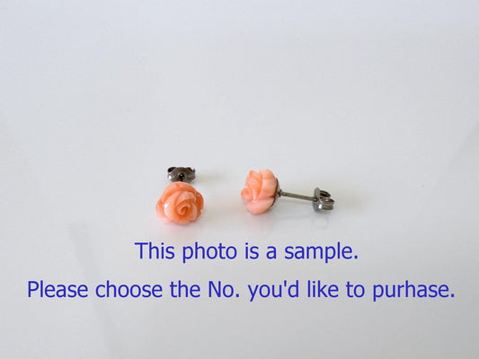 Genuine Coral Studs Hand-Carved Rose Earrings: Pink-Orange Coral, Titanium Posts | Natural Color, 7-8mm Diameter