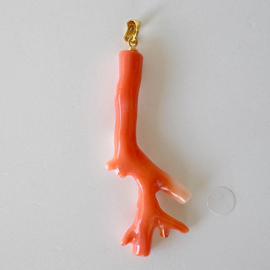 Coral Branch Pendant Natural Deep Sea Coral: Orange Pink Color, Gold-Plated Silver Bail (55mm Length, Jewelry)