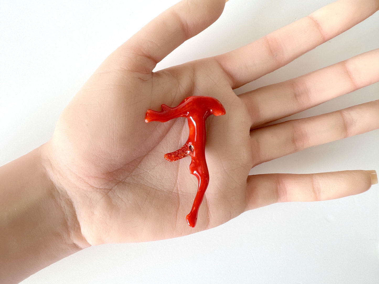 Japanese red(Aka) coral branch, 55mm, Hole on top, Natural red color coral for jewelry making
