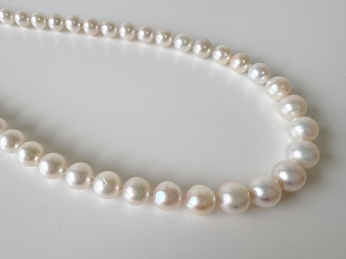 Japanese Akoya Pearl Necklace: White/Slightly Pink 6.9-9.3mm Cultured Strand, Silver Clasp | Saltwater Gems, 47cm Length