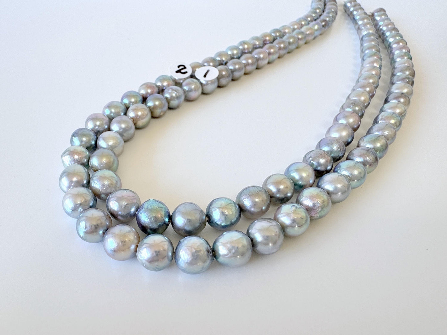 Japanese Akoya Pearl Strand - Cultured Semi-Round Beads - Natural Blue Silver Color, 7-7.5mm Size, Full 40cm Length