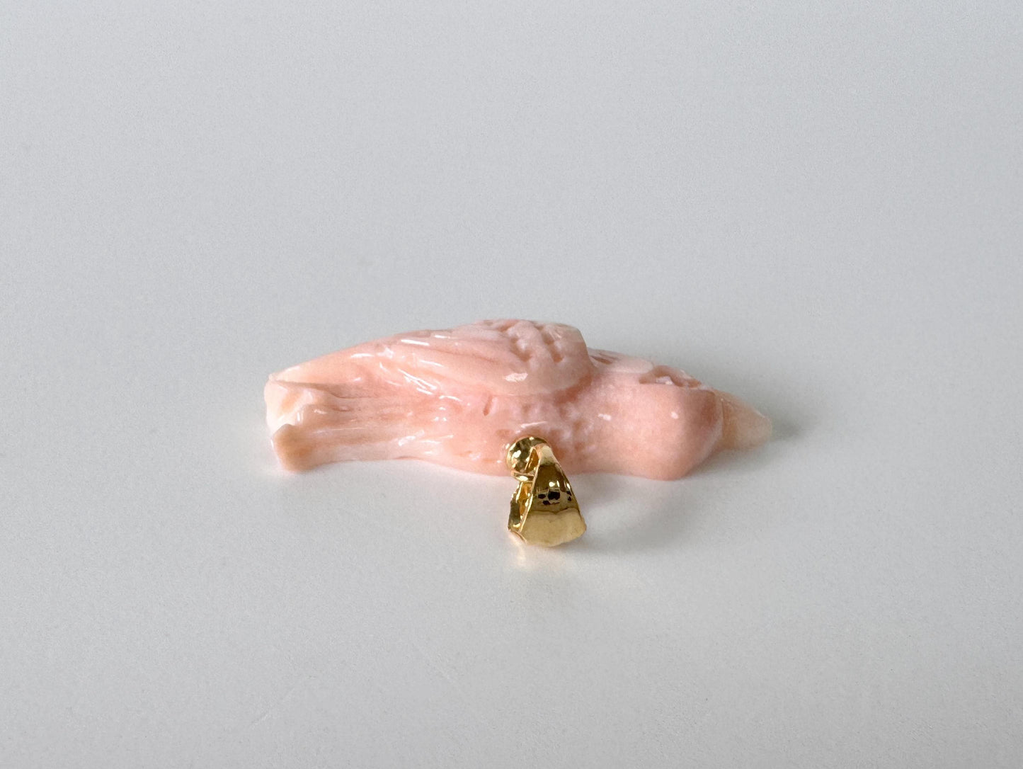 Carved Coral Bird Pendant Natural Jewelry, Pink Deep Sea Coral (35x13.8mm, Gold-plated Silver Bail, Hand Carved)