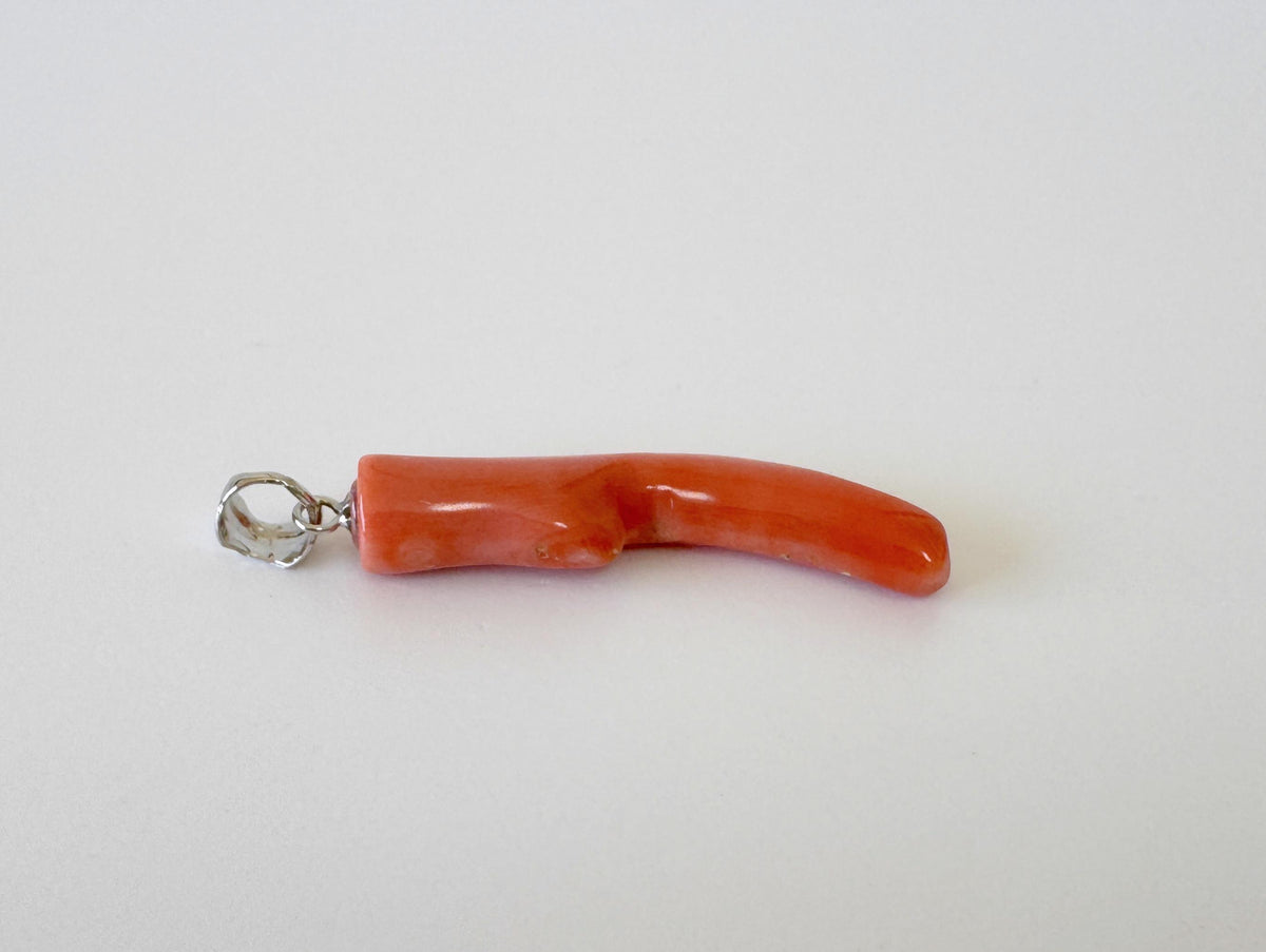 Momo Coral Branch Pendant Natural Jewelry, Japanese Orange Coral (35mm Length, Rhodium-Plated Silver Bail)