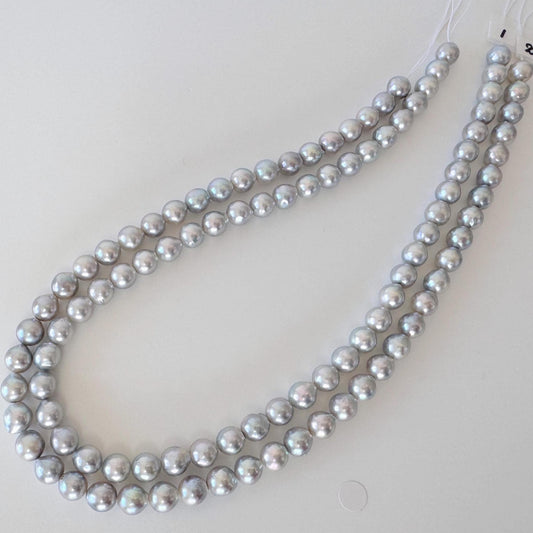 Japanese Akoya Pearl Strand: Natural Blue Silver Color - 7.5-8mm Cultured Saltwater Pearls, Full 15.7" Strand for Jewelry