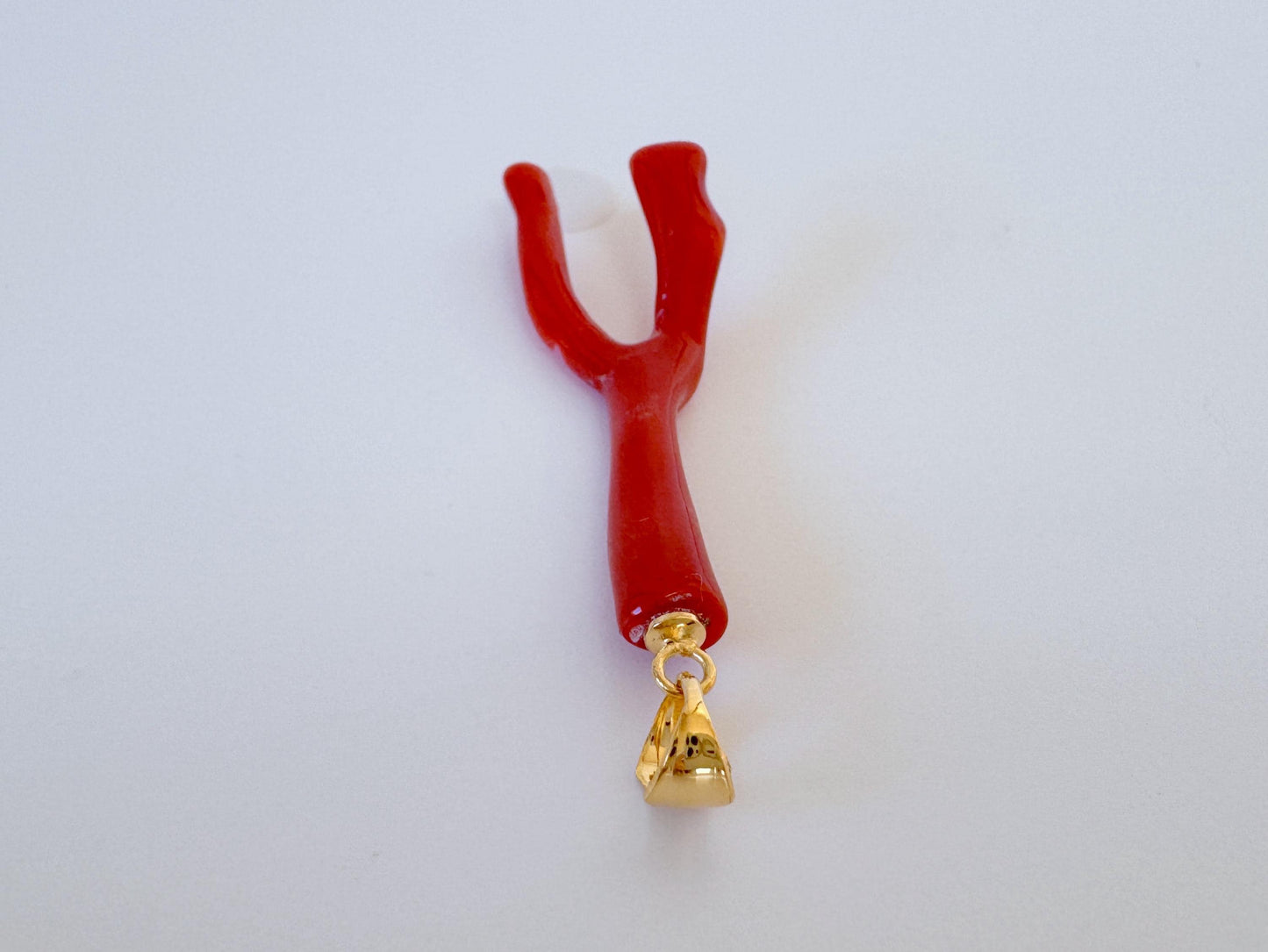 Natural Red Coral Branch Pendant: Japanese Aka Coral, Gold Plated Silver Bail, 40mm