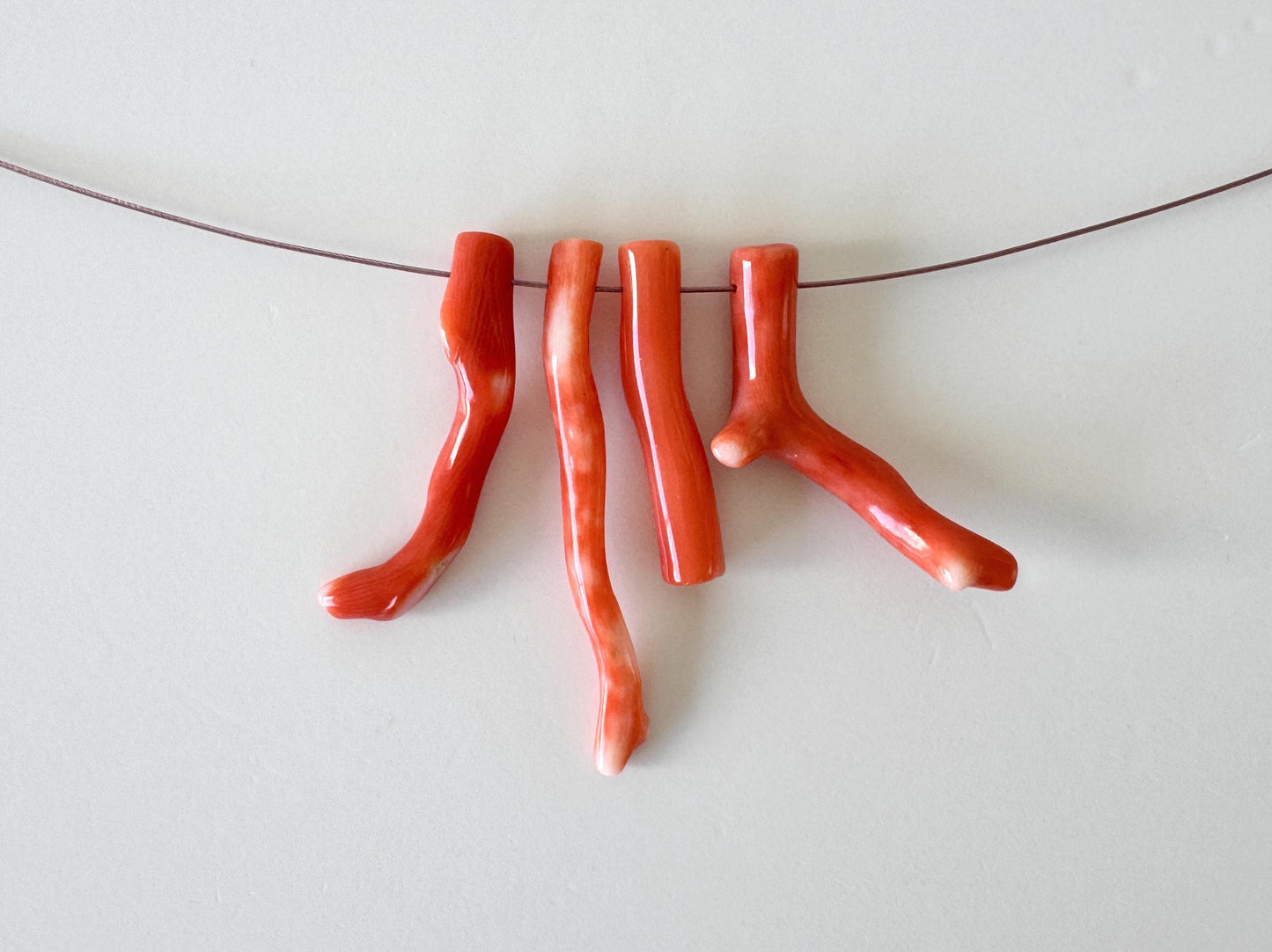 Momo Coral Branch Set: Natural Japanese Orange Coral for Jewelry Making (4pcs, Side Full-Hole, 24-36mm Length, Genuine Material)