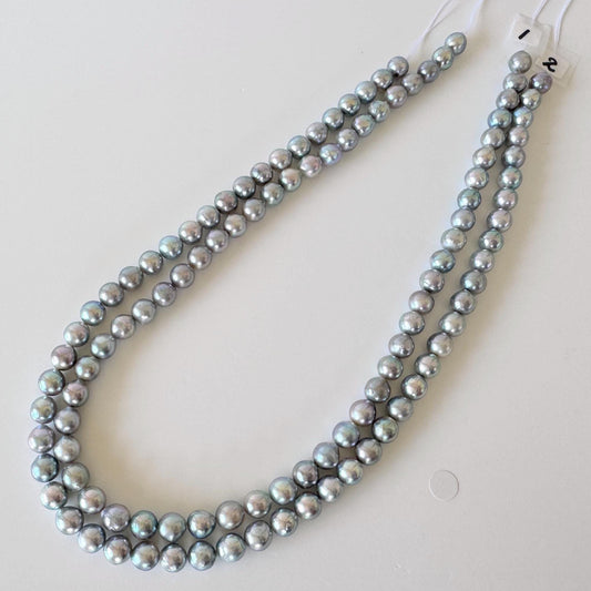 Japanese Akoya Pearl Strand - Cultured Semi-Round Beads - Natural Blue Silver Color, 7-7.5mm Size, Full 40cm Length