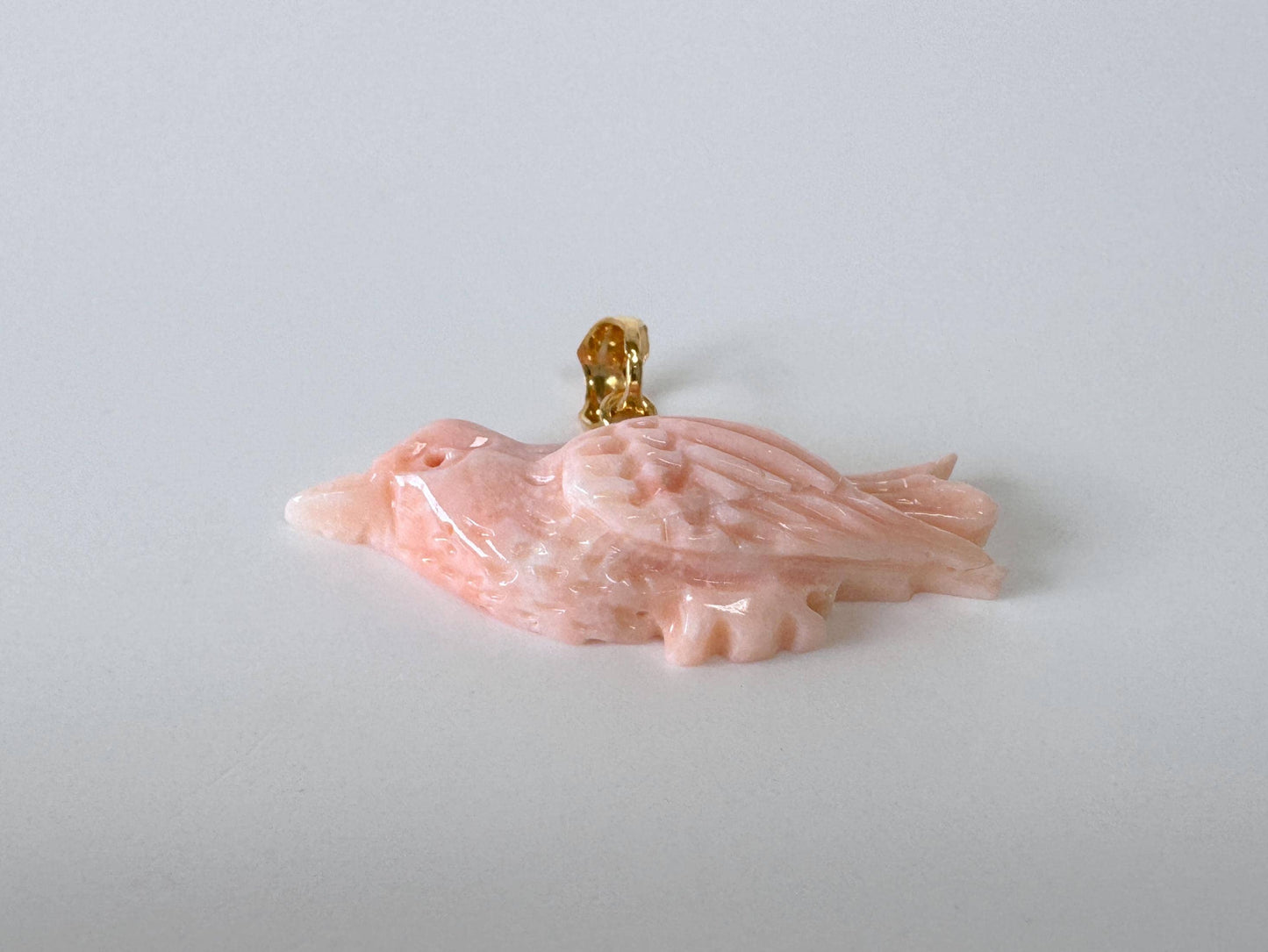 Carved Coral Bird Pendant Natural Jewelry, Pink Deep Sea Coral (35x13.8mm, Gold-plated Silver Bail, Hand Carved)