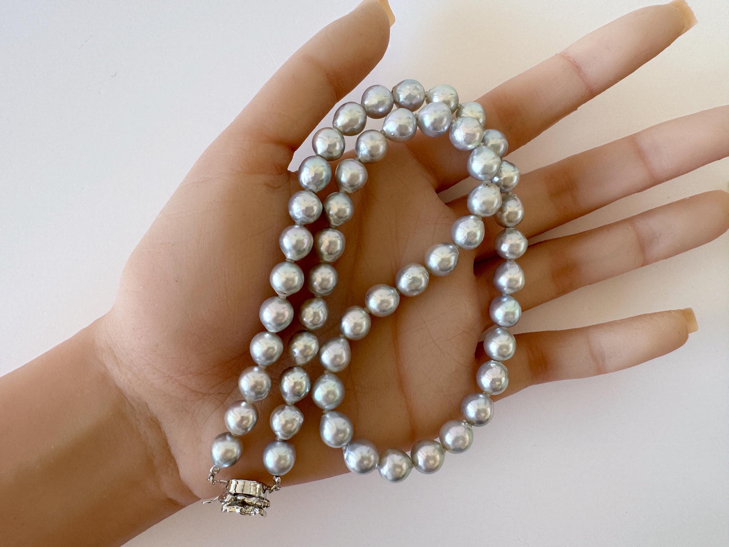 Necklace, 7.5-8mm Japanese Cream Natural Blue/Silver Akoya Pearl Necklace with Silver Clasp, Genuine Akoya Pearl, 45cm, 17.7in, Cultured Salt water pearl