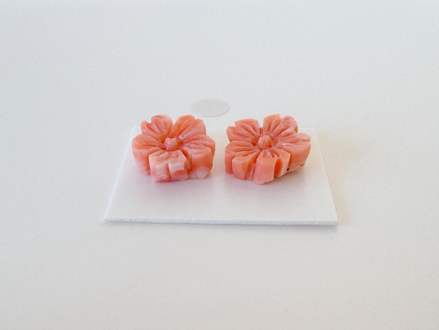 Natural Deep Sea Coral Cherry Blossom Carvings, Pink Orange Sakura Pair 14-15mm