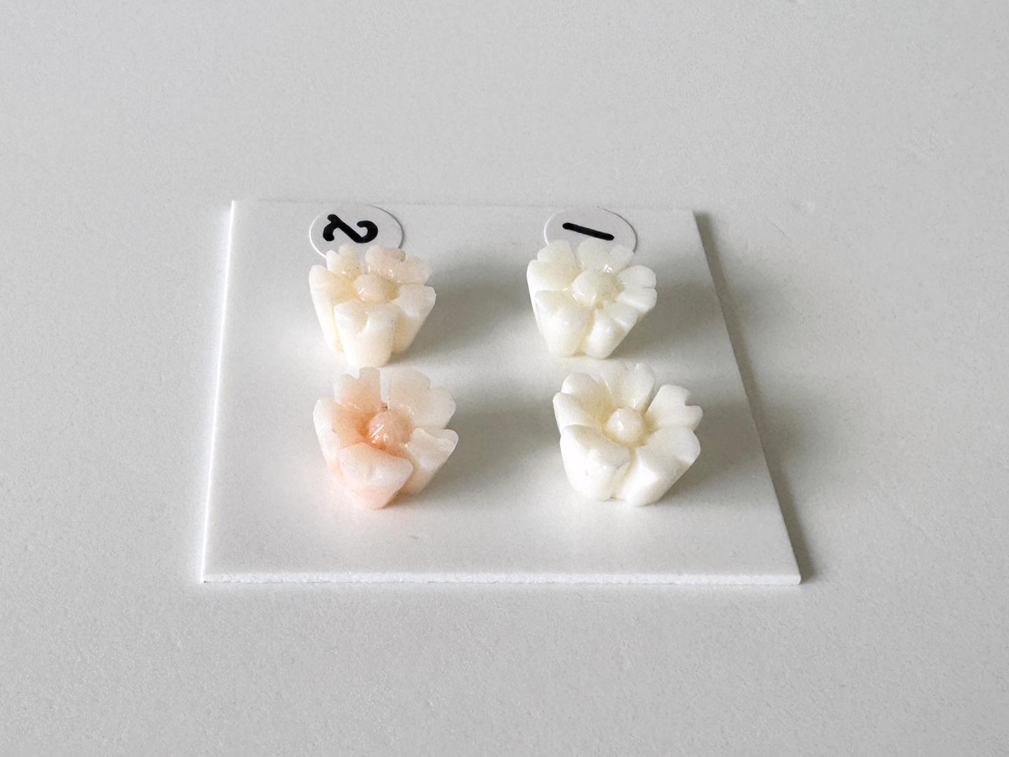 Coral Cherry Blossom Carvings: Natural Deep Sea Coral Sakura Loose Pair, White Pink Tones | 10mm, Half Drilled, Jewelry Making Supplies