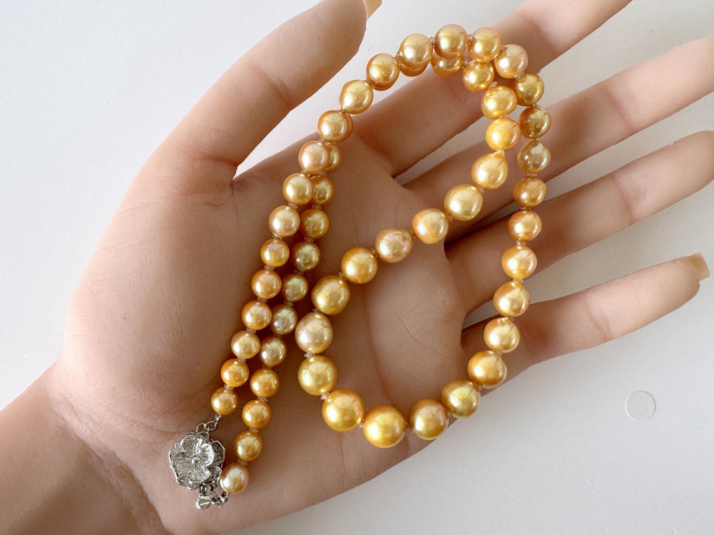 Japanese Akoya Cultured Pearl Necklace: 6-9.2mm Color Treated Gold  Semi-Baroque/Semi-Round, Silver Clasp | Saltwater Pearls, 45cm Strand